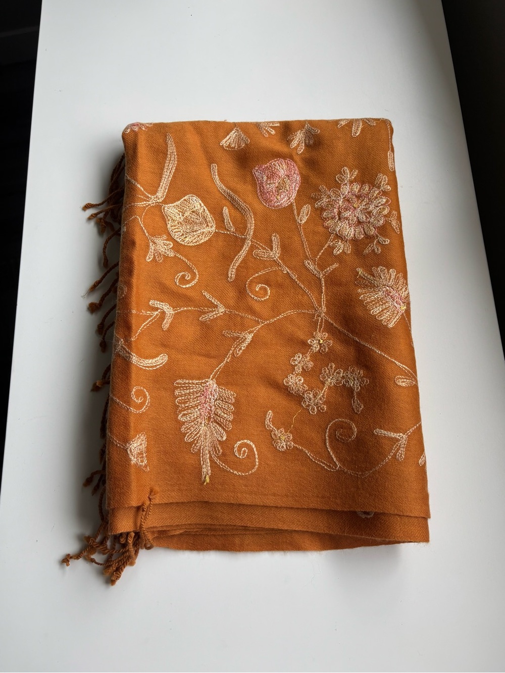 Orange floral 100% wool burnt orange scarf/shawl